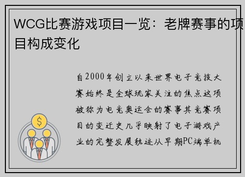 WCG比赛游戏项目一览：老牌赛事的项目构成变化